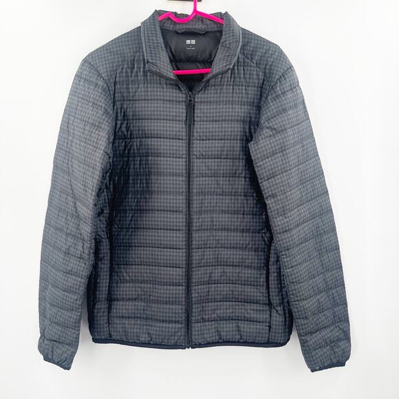 UNIQLO Puffer Jacket Size Small Check Lightweight Men's 90% Down Fill Gray/Black